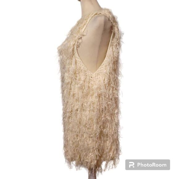 TCEC Woman's Size Large Cream White Faux Fur Fuzzy Shaggy Sleeveless Cardigan Ve - Picture 2 of 6
